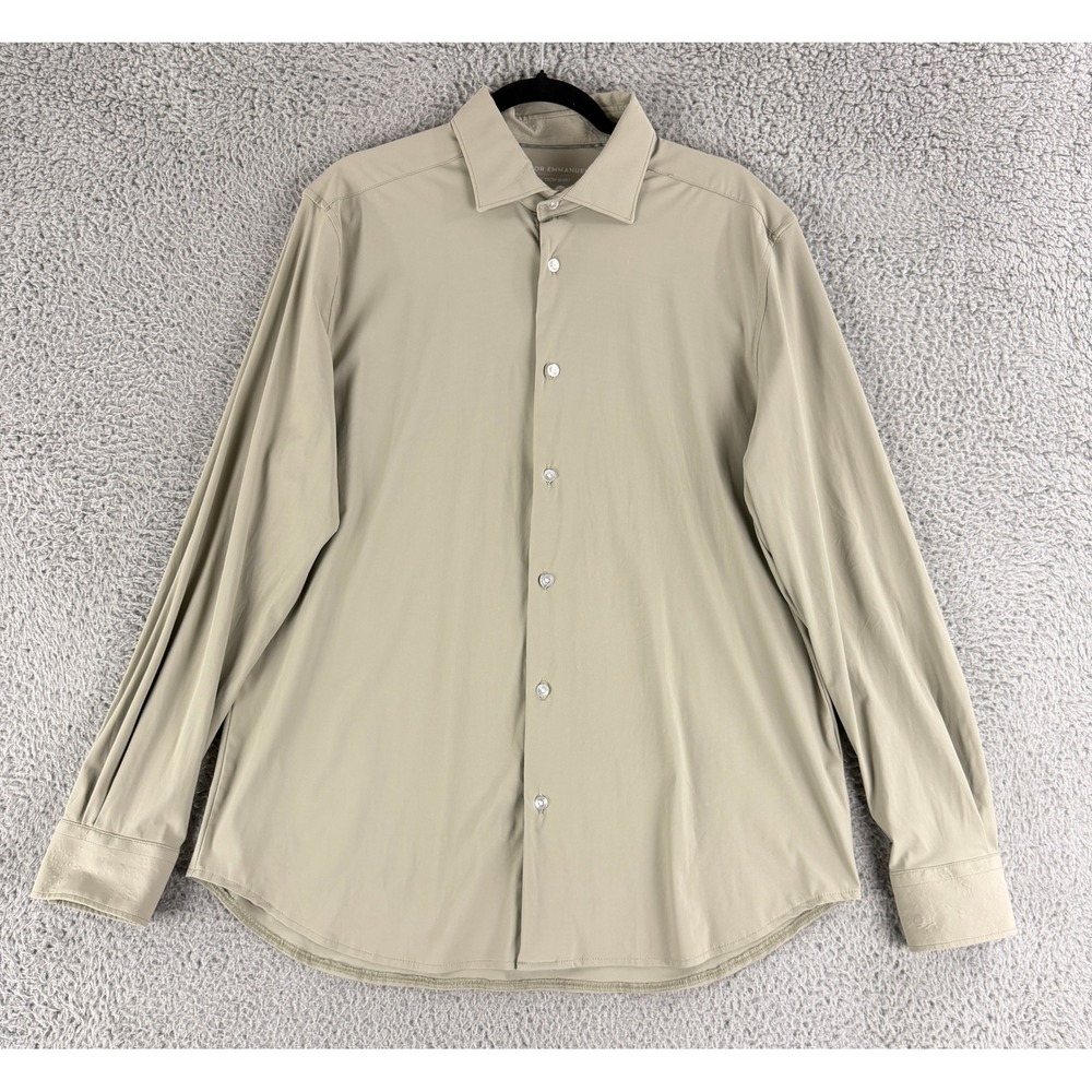 Victor Emmanuel Tech Shirt Mens XL Tan Khaki Stretch Long Sleeve Button Up Flaw
